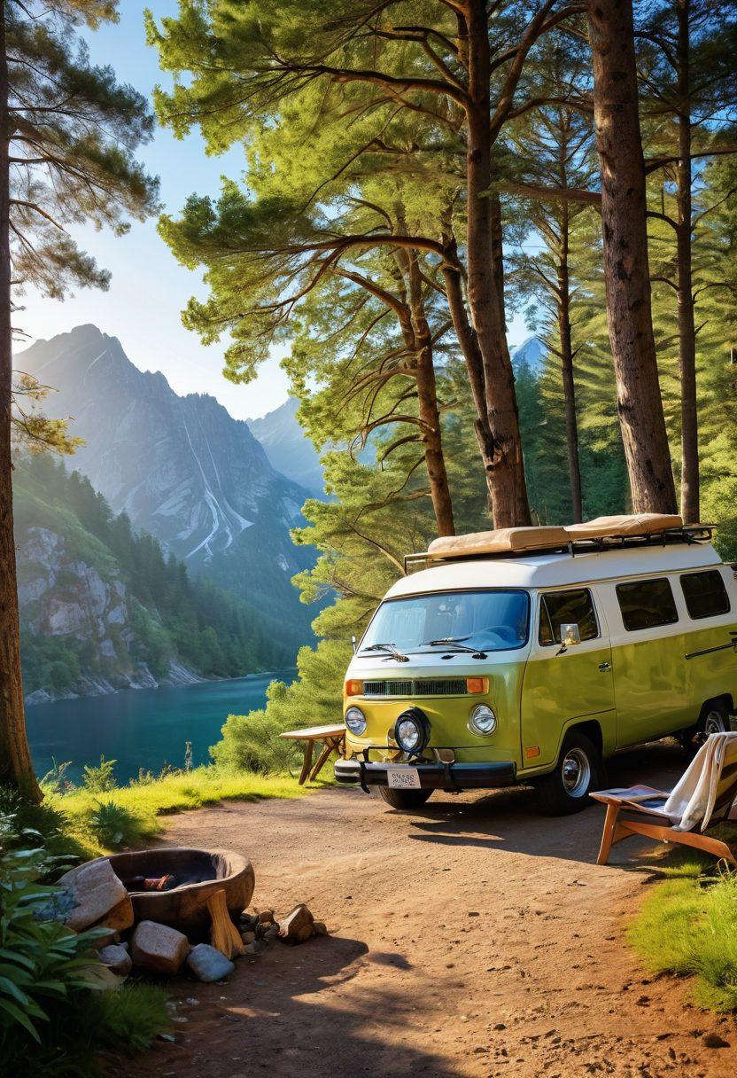 A picturesque scene of a luxurious camper van parked alongside a scenic mountain road, with a backdrop of lush green forests and a clear blue sky. Golden sunlight filtering through the trees and reflecting on the vehicle, while a cozy outdoor setup with hammocks and a fire pit adds a touch of relaxation. Incorporate elements of adventure, like a bicycle and hiking gear nearby. super-realistic. vibrant colors. nature-focused.