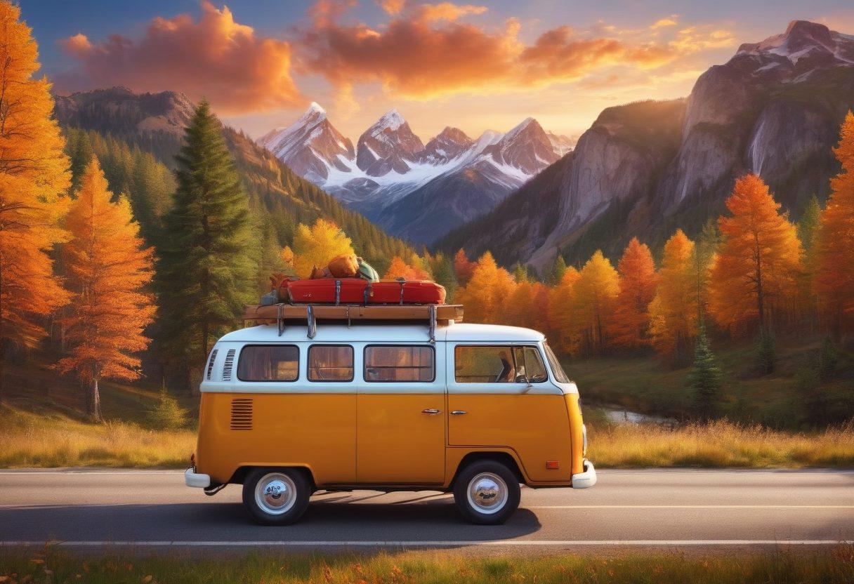 A picturesque family road trip scene featuring a colorful vintage van filled with happy family members, surrounded by iconic landscapes like mountains and forests. The road winds through vibrant autumn foliage, with luggage and travel gear peeking out of the open roof. In the background, a brilliant sunset casts warm hues across the sky, symbolizing adventure. Capture the essence of exploration and togetherness. super-realistic. vibrant colors. 3D.