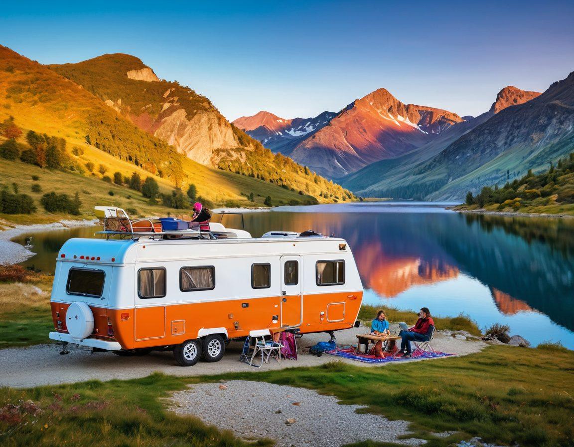 A cheerful group of diverse friends exploring a scenic landscape in a colorful motorhome, parked beside a shimmering lake with mountains in the background. The sky is filled with vibrant hues of sunset, enhancing a feeling of adventure and freedom. Include elements like hiking gear, bicycles, and a picnic spread outside the motorhome. super-realistic. vibrant colors. panoramic view.